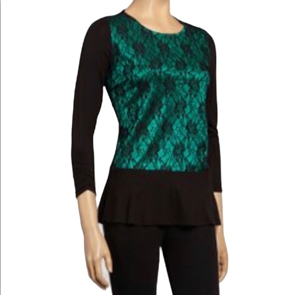 August Silk Black & Emerald Floral Lace Peplum Top Size Small - Picture 1 of 9